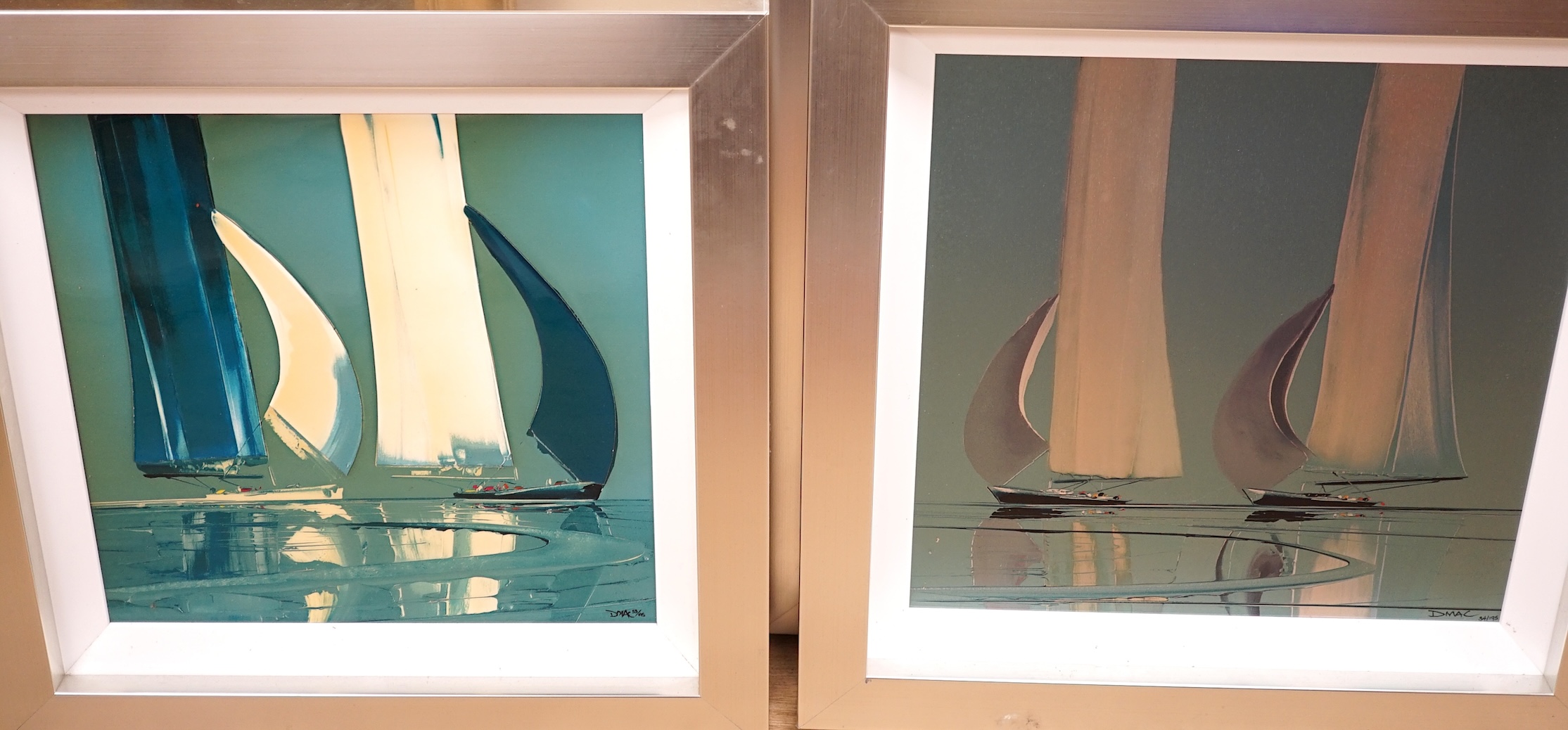 Duncan MacGregor (contemporary), hand embellished glazed canvas, ‘Sparkling Reflections I’, limited edition 53/195 and edition on aluminium, ‘Starlit Waters II’, limited edition 34/195, COA verso, largest 48 x 48cm. Cond